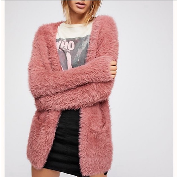 Free People Pink Faux Fur Cardigan 